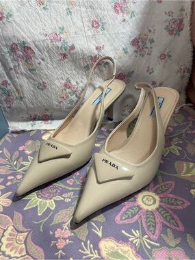 GoodPrada Cream Patent Leather Pointed Slingback Heels